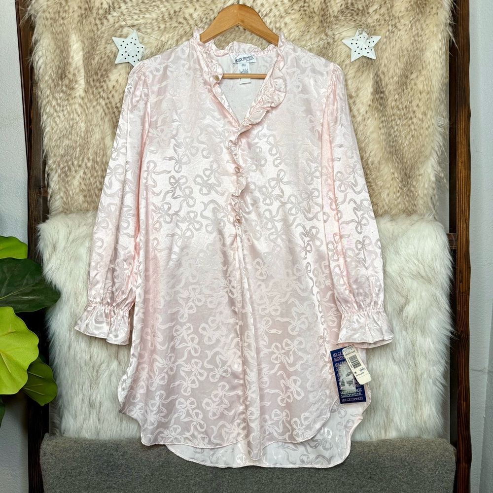 Vintage Lily of France Pink Bow Print Ruffled Sleep Dress